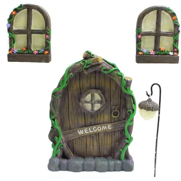 Puerta de árbol de hadas en miniatura con dos ventanas luminosas, puerta y ventanas impermeables, estatuas de árboles, esculturas luminosas de jardín místico - 1