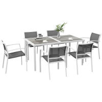 Outsunny Conjunto de Comedor de Exterior Juego de Comedor de Jardín de 7 Piezas con 1 Mesa y 6 Sillas Apilables Estilo Moderno para Terraza Patio Blanco y Gris - details 0