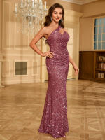 Vestido Formal De Encaje Con Cintura Ajustada Y Abertura En Pierna Alta De Unithorse Sin Mangas Strapless De Polyester - details 3