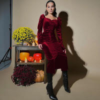 Vestido De Veludo Para Mujeres Estilo De Moda De Otoño Con Mangas Infladas Y Corte Ajustado Con Abertura Lateral - details 2