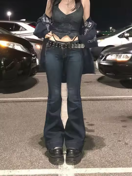 Kalevest Jeans Y2K Alta Calle Baja Cintura Azul Para Mujer Pantalones Bootcut Con Bolsillos Streetwear Cintura Baja Pantalones Pierna Ancha - 1