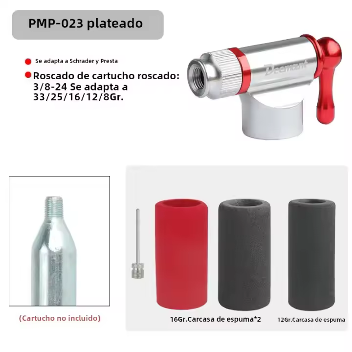 Inflador De CO2 Para Bicicleta Con Valvula Presta Scrader Ruta MTB Pum-automatico De Aluminio 16/12/8G Cartridge Compatible Con Vehículos - 1
