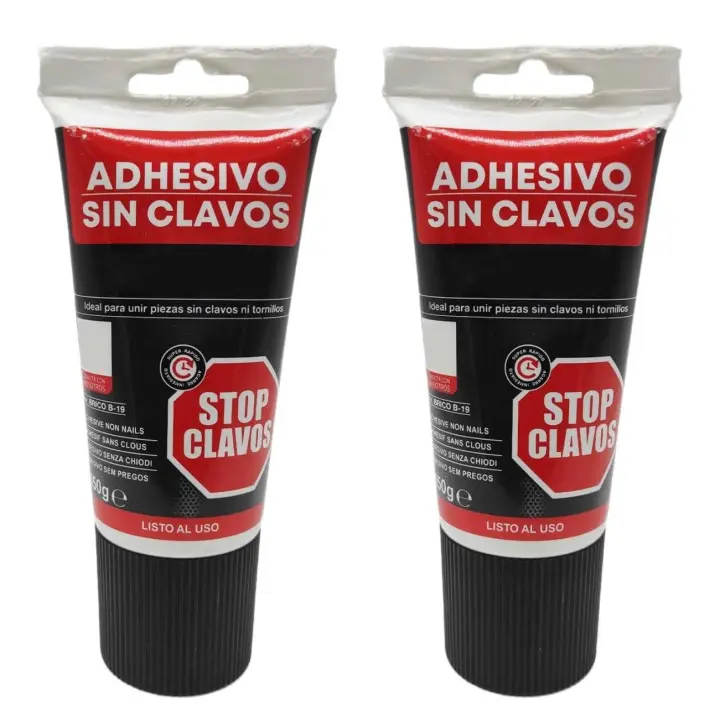 Pack de 2 Tubos de adhesivo Stop Clavos, pegamento sin clavos, montaje, resistente a temperaturas extremas, fuerte en soportes absorbentes - 150 g - 1