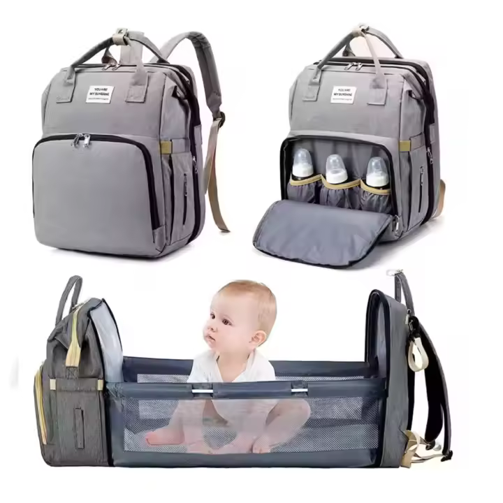 Mochila plegable multifunción para bebés - Convertible en cuna, bolso de biberones, gris elegante, tela Oxford resistente, 0-3 años - 1