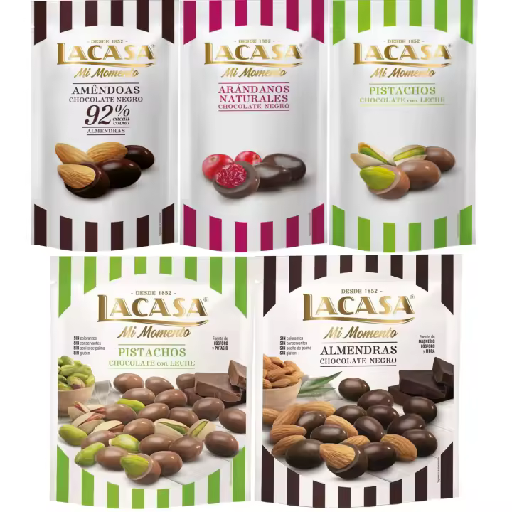 Lacasa Mi Momento pack de 5:Arándano  Negro 60 G,Pistacho  Leche 50 G,Almendra 92% 65 G,Almendra  Negro 125 G,Pistacho  Leche 100 G - 1