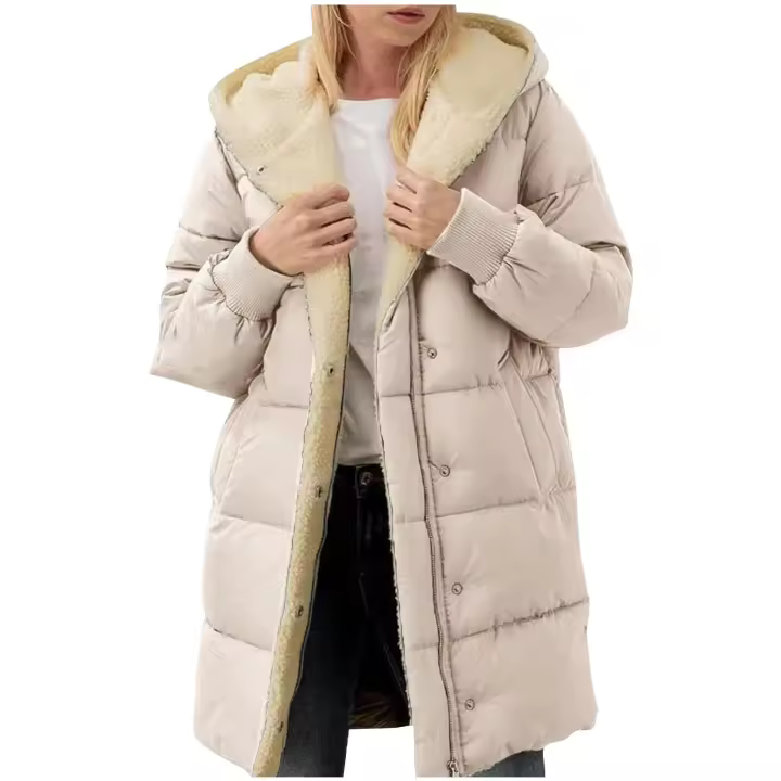 Abrigo largo acolchado con forro de piel de oveja, chaqueta de invierno para mujer con capucha y bolsillos, talla grande 2025 - 1