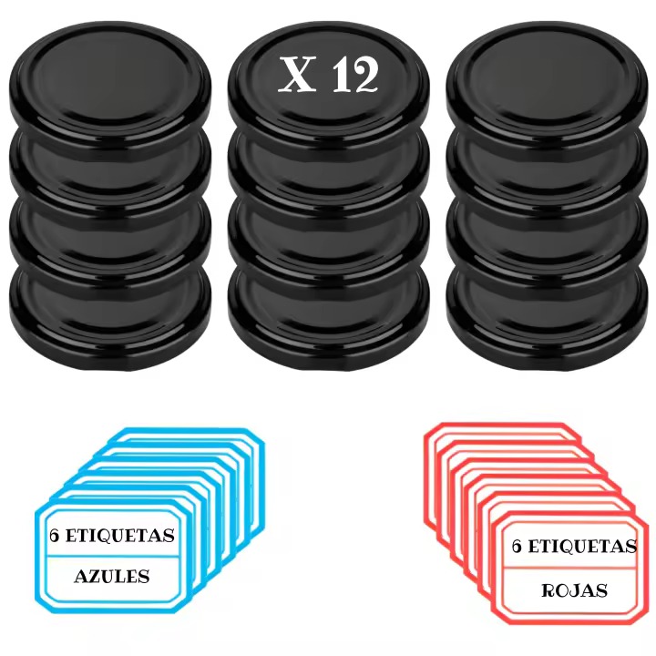 12 Tapas metálicas de 77 mm de diámetro + 12 Etiquetas para Botes herméticos de Cristal, Tapas de Repuesto para tarros de Vidrio MundoTarros de 450 ml - 1