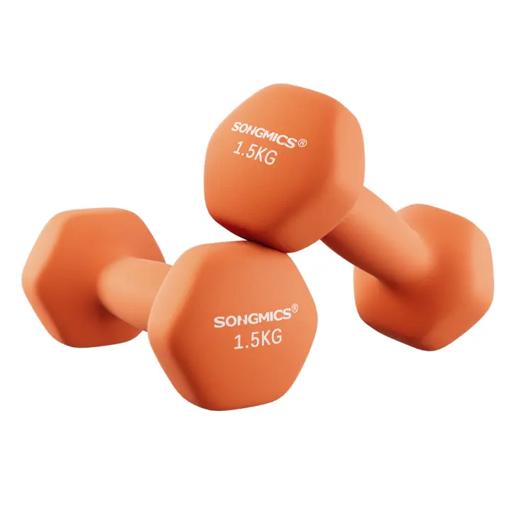 SONGMICS Juego de 2 mancuernas, mancuernas hexagonales, revestimiento de neopreno, entrenamiento de fuerza, entrenamiento de fitness, para el hogar,Naranja Papaya - 1