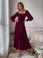 Vestido De Mujer Para Primavera/Verano Con Cuello Cuadrado Y Mangas Largas Ajustado En Cintura Con Volantes Y Corte Flared - details 14
