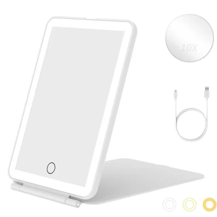 Espejo con Luz,USB Recargable, Espejo Aumento 10X, de Tocador Viaje Portátil Luz Ajustable,Iluminación 3 Colores,Pantalla Táctil, Espejo Cosmético de Mesa - 1