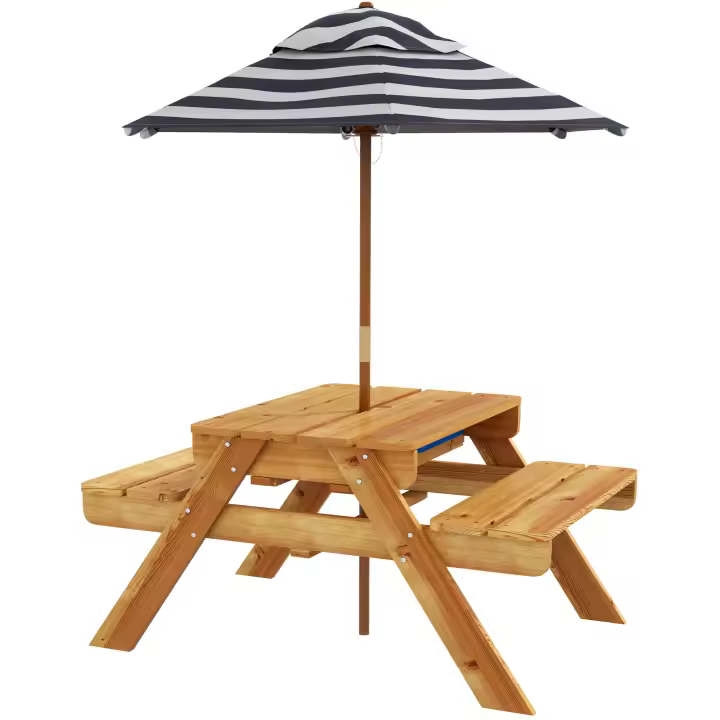 Outsunny Mesa de Picnic para Niños de Madera Mesa y 2 Bancos Infantiles con Sombrilla Extraíble para Jardín Patio 85,5x75x142,5 cm - 1