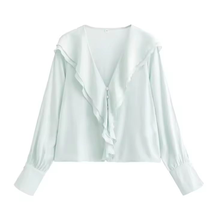 Elegant Ladies Office Ruffle Shirt Blouse Long Sleeve V Neck Women 2025 Solid Spring Shirts Blusas Mujer - 1