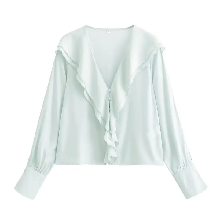 Elegant Ladies Office Ruffle Shirt Blouse Long Sleeve V Neck Women 2025 Solid Spring Shirts Blusas Mujer - 1