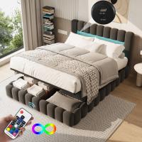 Cama canapé abatible 180x200 cm con cabecero LED, cama doble capitoné tapizada en lino gris con almacenaje - details 1