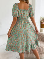 Vestido Elegante De Primavera Y Verano Para Mujer Con Estampado Floral Cuello Cuadrado Manga Corta Volante Al Borde Vestido A-Line De Rodilla - details 6