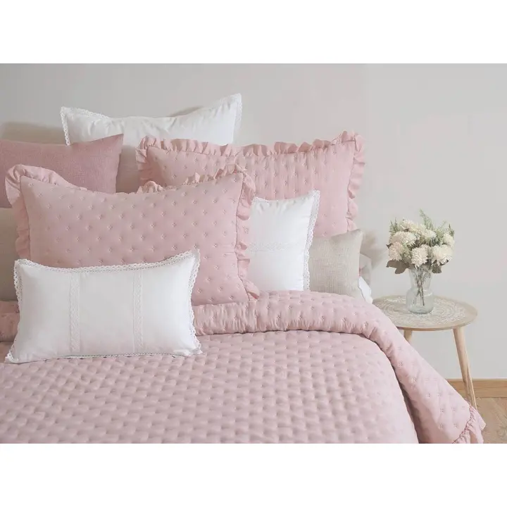 Colcha Bouti Napoli Rosado con Volantes y Cojines Incluidos Miracle Home - Ligero Acolchado Ideal para Primavera y Verano, Disponible en Colores Crudo, Beige, Verde, Rosa y Gris - Medidas para Cama 90-180 cm - 1