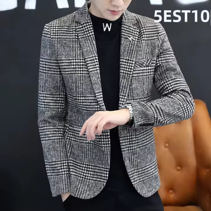 Chaqueta De Chequera Estilo Coreano Para Hombres Otoño Invierno Moda Elegante Casual Negocios Cierre Único Tamaño Regular - 1