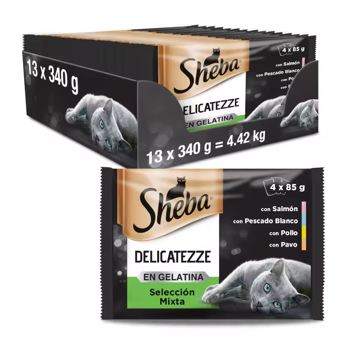 Sheba Delicatezze Comida Húmeda para Gatos Selección Mixta en Gelatina, Multipack (13 cajas x 4 sobres x 85g) - 1