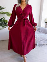 Vestido Largo Elegante Para Mujer Con Cuello En V Manga Larga Pleated Maxi Con Cinturón Estilo Casual De Pierna Larga - details 21