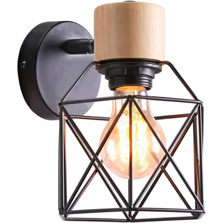 Lámparas de Pared Vintage 15CM Aplique Interior de Madera Metal Industrial Diseño de Jaula Luz Ajustable Retro - 1