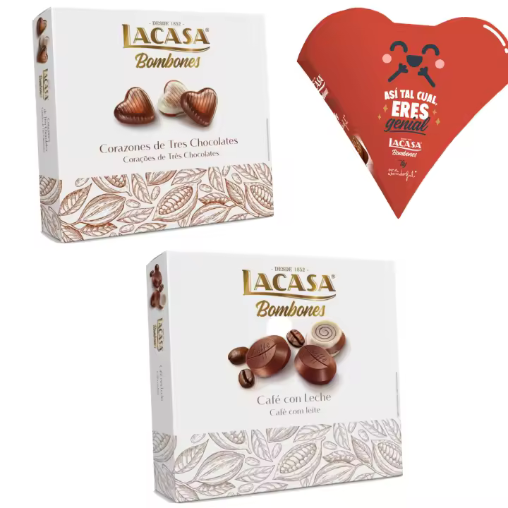 Pack Lacasa bombones corazón mr wonderfull 60G & bombones corazón tres chocolates 200 G & bombones café con leche 200 g - 1