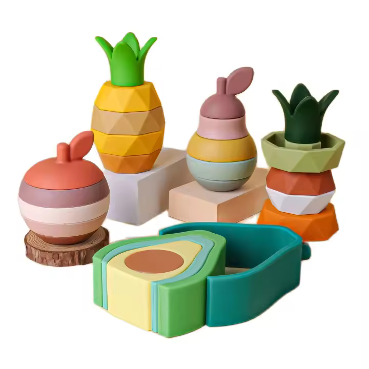 Juego De Construcción De Bricolaje Para Bebés Con Bloques De Silicona Formas De Frutas Juguetes De Mordedor De Goma Montessori - 1
