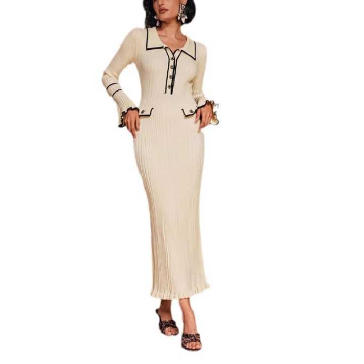 VDSTAR Vestido tipo suéter de manga larga para mujer 2025, de punto con botones, corte ajustado, informal, cuello en V, elegante, ajustado, vestidos midi