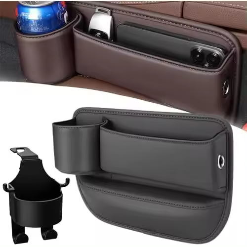 Bolsa para espacio de portavasos de cuero para automóvil, bolsa para espacio para portavasos de cuero para automóvil, caja de almacenamiento para asiento de automóvil con portavasos, almacenamiento para asiento de automóvil (negro, conductor principal) - 1