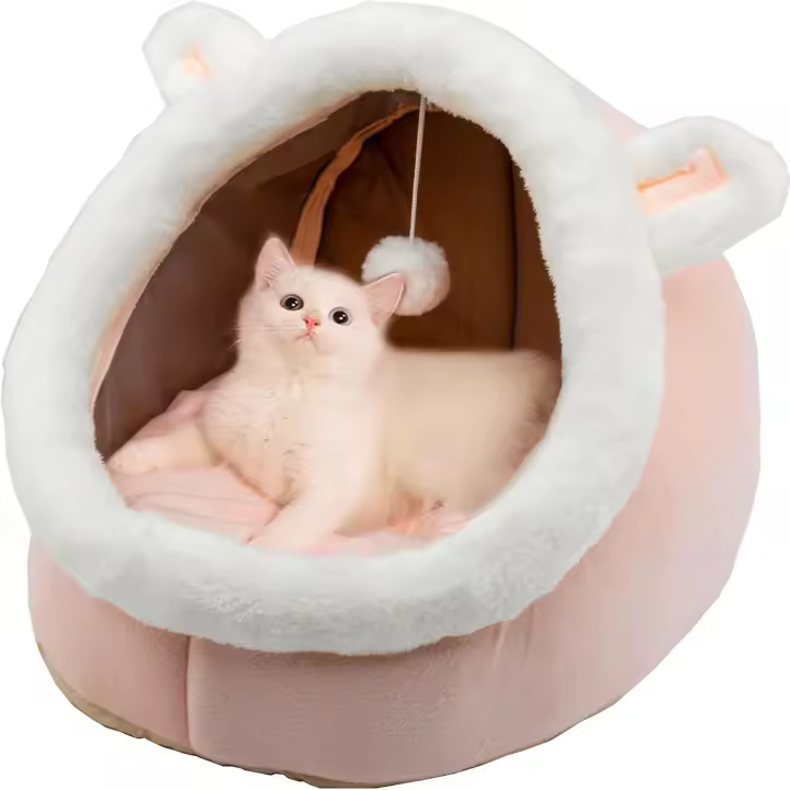 Camas para gatos de interior con base antideslizante, cueva para perros pequeños con forma de conejo y juguete colgante, tienda de campaña para gatitos con almohadilla de algodón extraíble. - 1