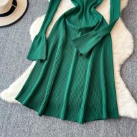 Vestido Largo Elegante Para Mujer Con Mangas Flared Y Volantes Cuello V Solido Bodycon Para Fiesta Y Oficina Polyester Mid-Calf - details 6
