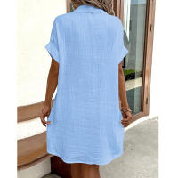 Camisa Elegante De Verano Para Mujer Azul Con Bolsillo Y Cuello En V Simple Y Cómoda De Color Sólido Vestido De Pierna Larga Estilo Casual - details 7