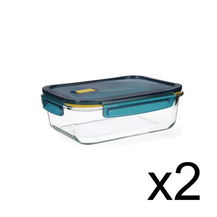 QUID ASTRAL 2 Hermeticos Rectangular Vidrio 23x17,5x8,4CM - 152CL Azul  Tapa 4 cierres herméticos 100% con válvula Reciclable - 1