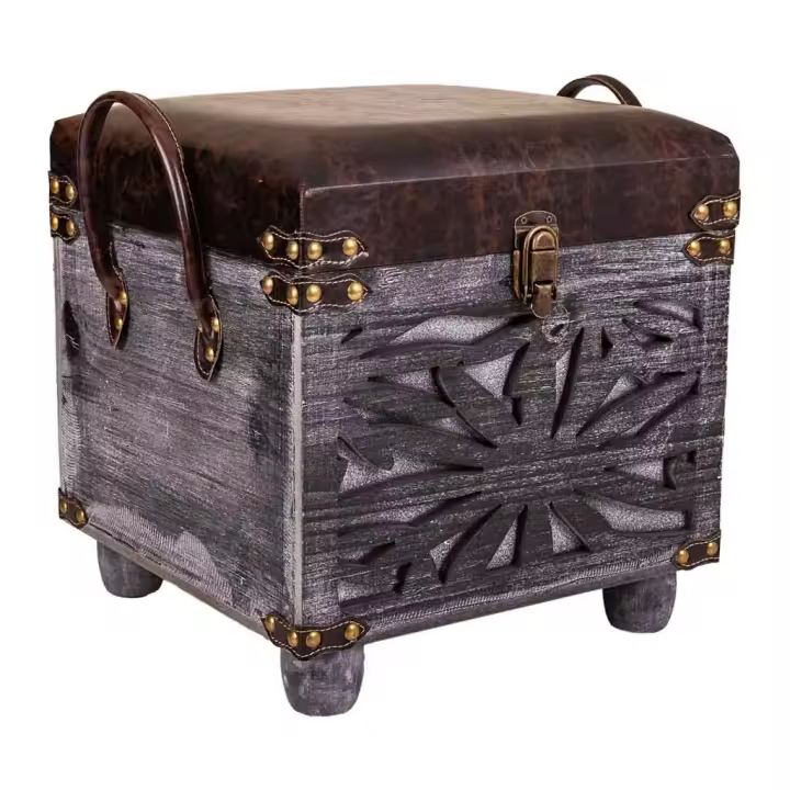 WANDERLUST DECO Taburete Cajón de madera y polipiel marrón 35x35x33/40h cm de estilo Art Deco - 1