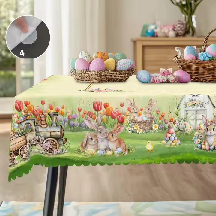 Mantel Redondo De Pascua 1 Con Patrón De Conejo Y Huevo Jardín Tamaño Variado Proceso De Enrasecimiento Al Borde Decoración De Jardín Para Uso Diario En Cocina Terraza - 1