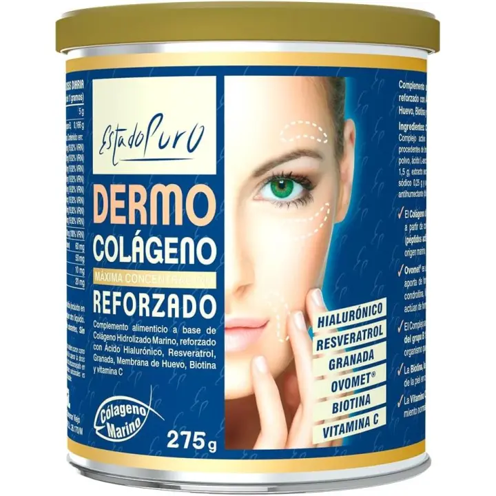 DERMO COLAGENO REFORZADO Bote 275 Gramos - Colágeno Hidrolizado Marino - Resveratrol Al 50% - Complejo Activo Estandarizado de Vitaminas del Grupo B - Vegetales Procedentes de Brotes de Quinoa Chenopodium Quinoa - 1
