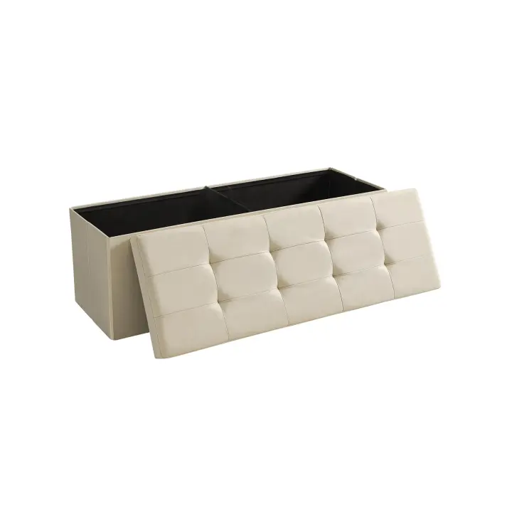 SONGMICS Puff Almacenaje, Baúl de Almacenaje Plegable, 38 x 110 x 38 cm, Taburete Reposapiés, Banco de Cubo, Soporta hasta 300 kg, para Sala de Estar, Dormitorio, Entrada, Blanco Crema/Gris Claro/Marrón Camello/Negro Tinta/Verde Retro - 1