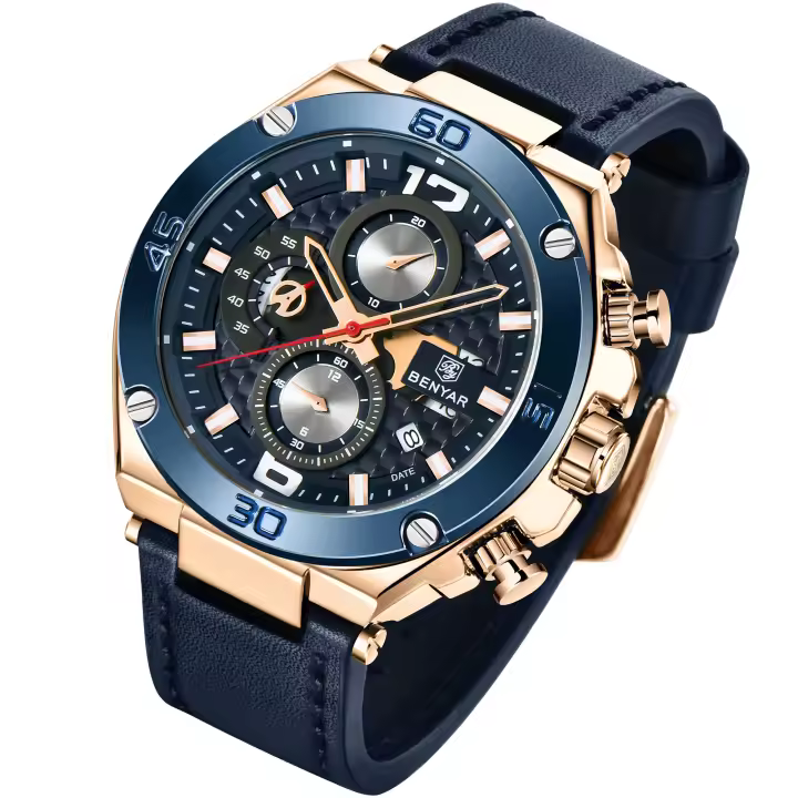 Reloj De Pulsera Deportivo Multifuncional Para Hombre BENYAR 2023 Cronógrafo De Cuarzo Resistente Al Agua 30M Con Manos Luminosas Y Calendario Completo Material De Correa De Cuero - 1