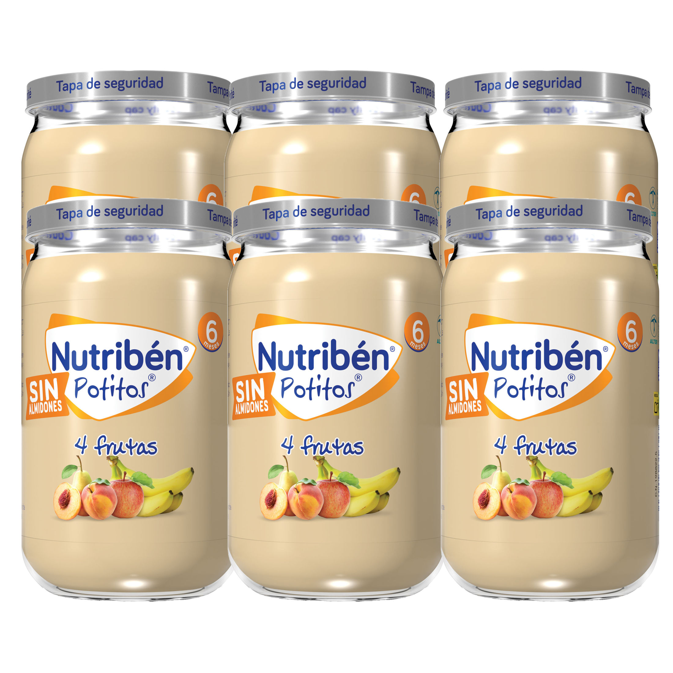 Potitos Nutriben - Tarritos Comida Bebé de Fruta A Partir de 6 Meses | 4 Frutas - Sin Almidones - Sin Gluten - Sin Aceite de Palma | Fabricado con Alimentos Naturales con Vitamina C - No Contiene Leche ni Huevo | Pack de 6
