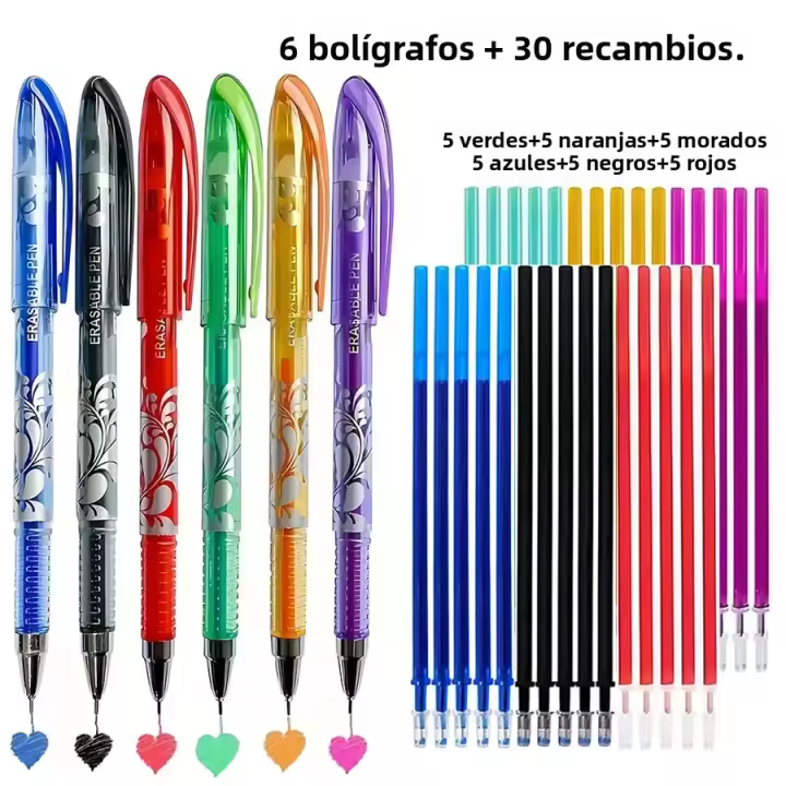 Set De 36 Piezas De Bolígrafos Gel Borables De 6 Colores Neutrales Azul/Negro/Rojo Verde/Naranja/Púrpura Material Plástico Estuche Portátil Para Escuela - 1