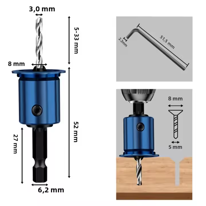 1Pc Herramienta De Carpintería Con Punta De Carburo Y Perforador Taperado Con Parada De Profundidad Ajustable Para Manija Hexagonal - 1