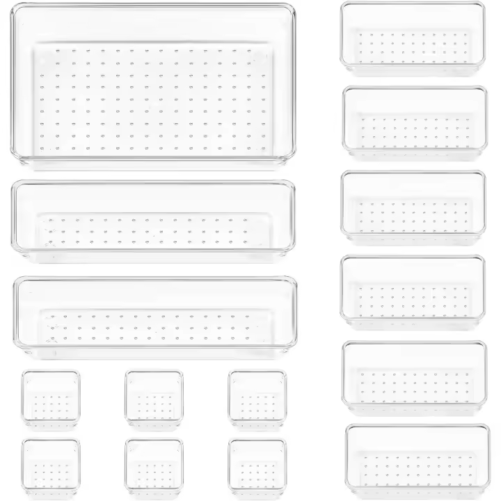 Juego de 15 Organizadores de cajas de cocina, bandejas organizadoras de cajas de inodoro y baño versátiles de 4 tamanos, Contenedores de almacenamiento de plástico transparente para maquillaje, dormitorio, - 1
