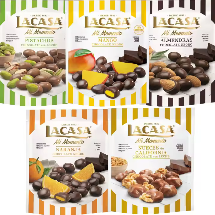 Lacasa Mi Momento pack de 5:Nueces Leche 115G,Almendra choco Negro 125G,Naranja choco Negro 125G,Pistacho Leche 100G,Mango choco Negro 115G - 1