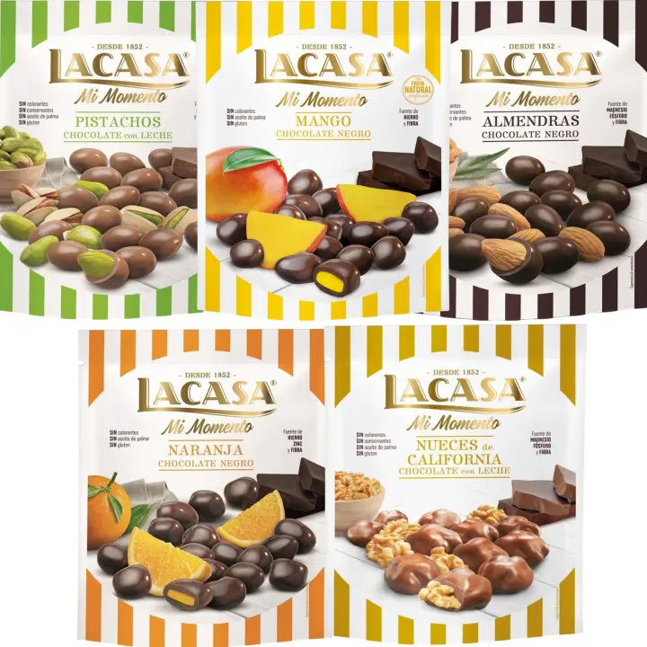 Lacasa Mi Momento pack de 5:Nueces Leche 115G,Almendra choco Negro 125G,Naranja choco Negro 125G,Pistacho Leche 100G,Mango choco Negro 115G - 1