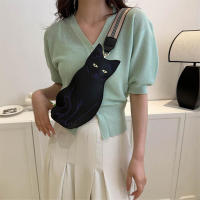 Bolso Bandolera De Cuero PU Negro Con Estampado De Gato Mujer Estilo Coreano Con Correa Ancha Bolso De Pecho Para Mujer Moda - details 1