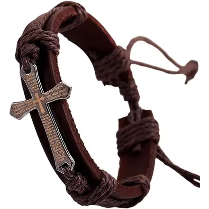 Pulsera de cuero para hombre con texto bíblico en forma de Cruz, pulsera ajustable, Gift de cumpleaños para hombres y niños (Negro) - 1