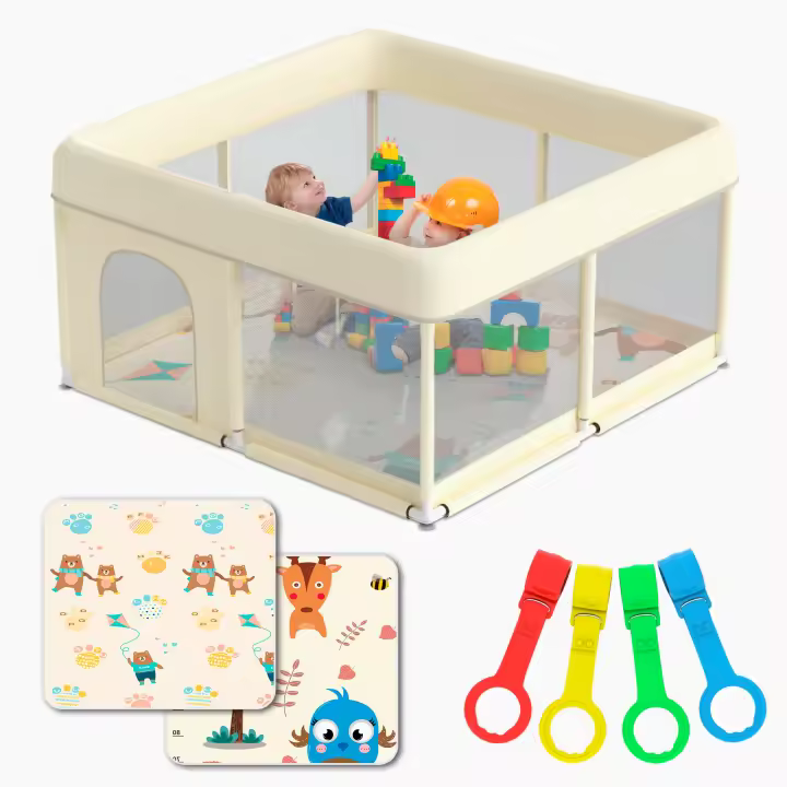 JUPPLIES Parque Infantil Bebe 120x120cm + Alfombra Bebe + 2 Agarraderas – Corralito Bebe con Malla Transpirable – Parque de Juegos Bebe Plegable con Puerta Lateral – Playpen Bebe - 1