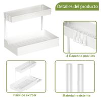 KingnetStore - Organizador Forma L de Cocina Fregadero con 4 Ganchos, Organizador de Baño, Gabinete de 2 Niveles, Extraíble, Espacio Estrecho para Organizador y Almacenamiento por debajo del fregadero, Estantería deslizante de 2 niveles para Baño y Cocina - details 5