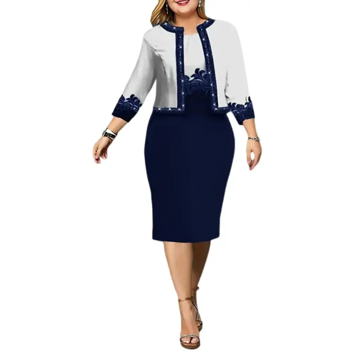 2 Pcs/Set Women Dress Coat Set Plus Size Slim Fit Three Quarter Sleeves Flower Print Cardigan Coat D - 1