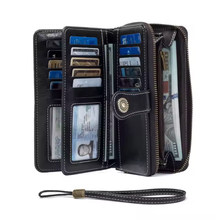 Cartera Larga Antirrobo RFID Para Hombres Y Mujeres De Cuero Wax Con Bolsillos Múltiples Gran Capacidad Cierre De Cremallera Cartera De Mano Monedero Tarjetero Retro Europeo Y Americano - 1