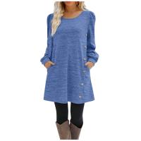Vestido Casual Para Mujer De Color Sólido Con Botones Manga Larga Cuello Redondo A-Line Largo Hasta La Rodilla Fashion - details 6